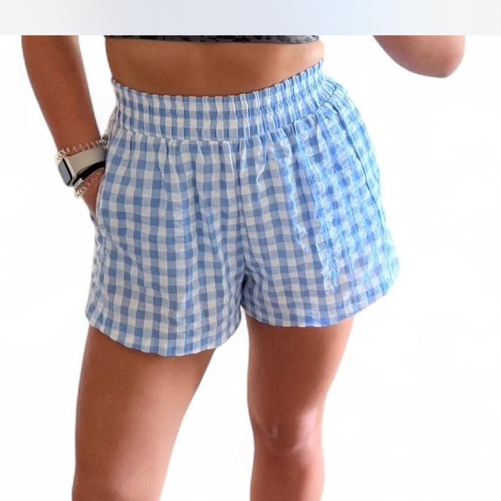 High Waist Blue and White Gingham Shorts
